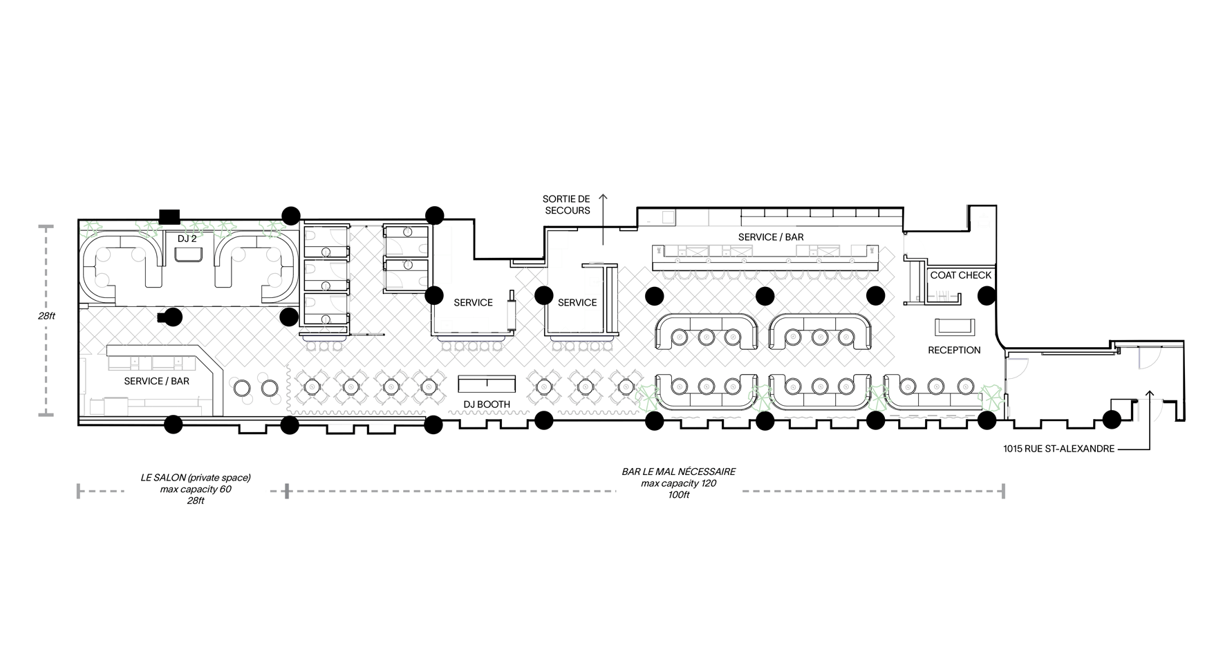 Floor plan of Bar Le Mal Nécessaire Montreal showing layout of bar and private event room.